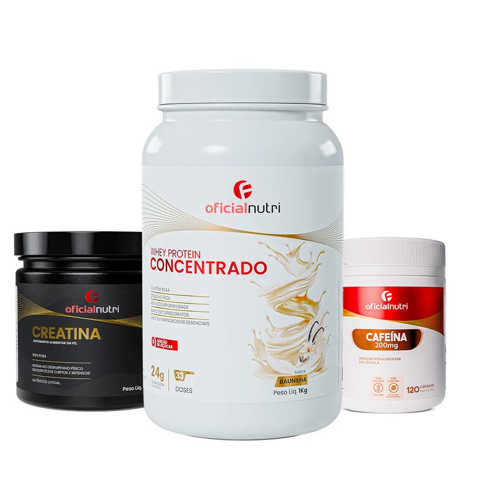 COMBO 6 - 1 Creatina 300g + 1 Cafeína 200mg + 1 Whey Protein Concentrado Baunilha